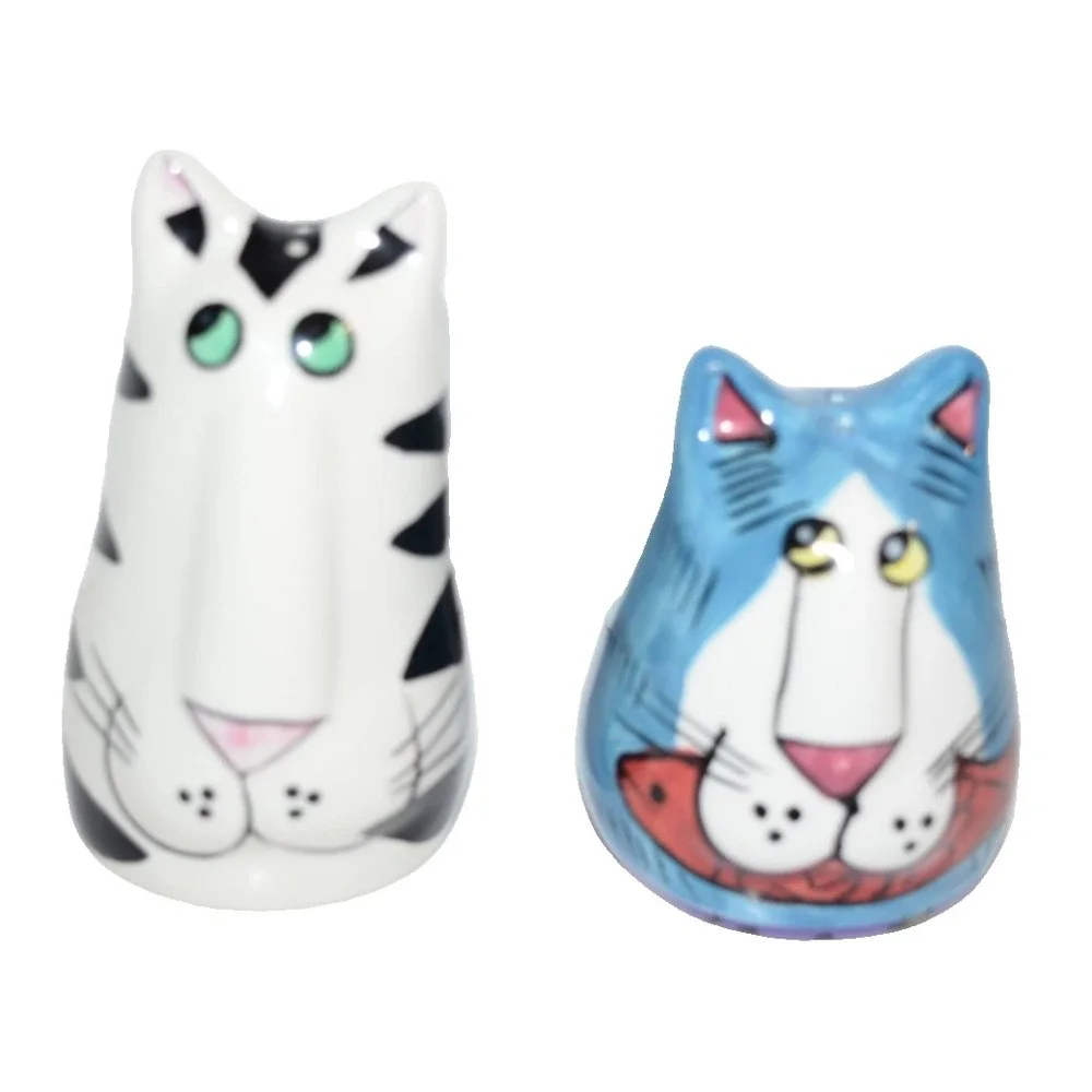 Catzilla Salt Pepper Shaker Set Blue Cat Black Stripe Cat Quirky Cute Whimsical
